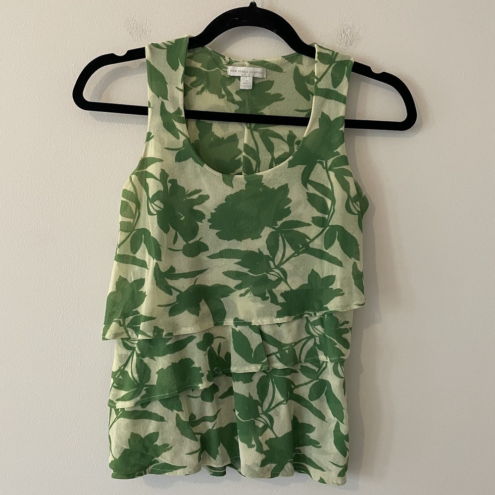 New York Company Floral Tiered Tank Green XS Y2K Mesh Tropical Boho Fairy Resort